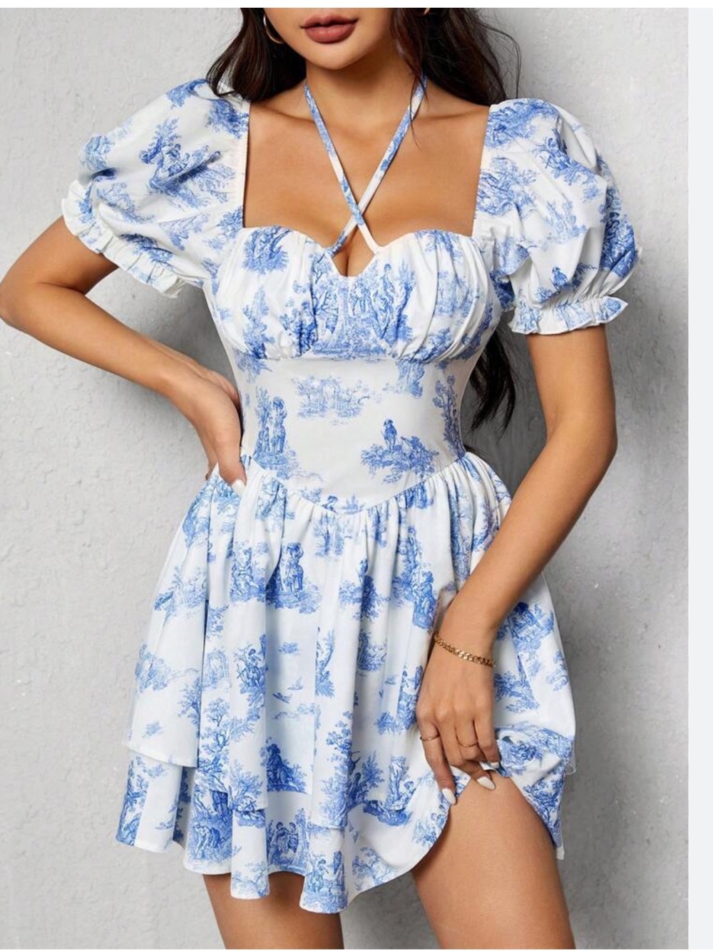SHEIN White and Blue Puff Sleeve Sweetheart Mini Dress